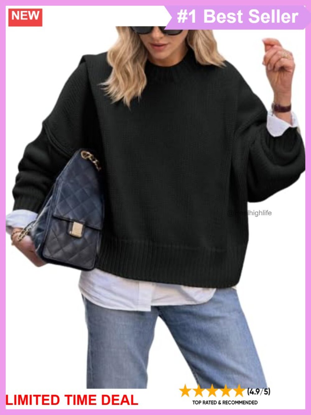 Womens Oversized Chunky Knit Crew Neck Pullover Sweater Long Sleeve